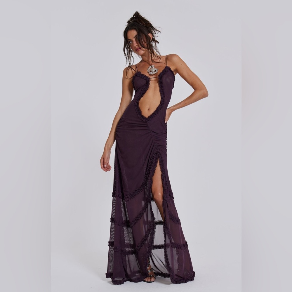 Jaded London Fatale Open Plunging Neckline Ruffled Purple Side Slit Maxi Dress